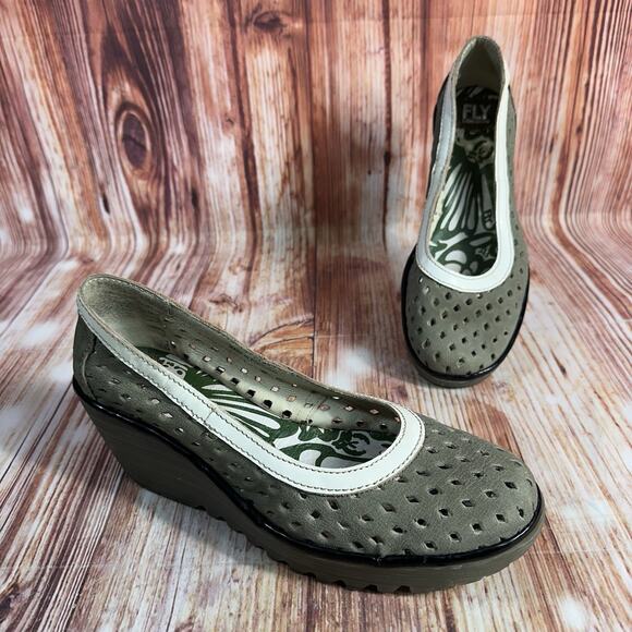 Fly London Shoes - Fly London YOBE Sz 40 US 9-9.5 Beige Leather Perforated Wedge Heel Loafers Shoes